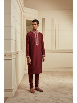 TASVA - Wine Embroidered Mandarin Neck Thread Work Kurta with Churidar