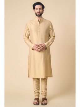 TASVA - Beige Solid/Plain Mandarin Neck Woven Kurta with Churidar