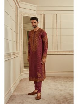 TASVA - Wine Embroidered Round Neck Thread Work Kurta with Churidar