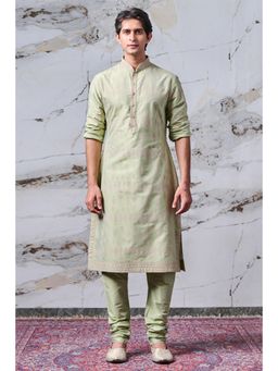 TASVA - Green Textured Mandarin Neck Woven Kurta with Churidar