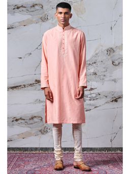TASVA - Peach Embroidered Mandarin Neck Thread Work Kurta with Churidar