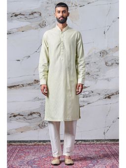 TASVA - Green Textured Mandarin Neck Woven Kurta with Churidar