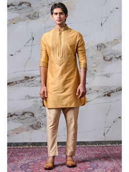TASVA - Yellow Embroidered Mandarin Neck Thread Work Kurta with Churidar