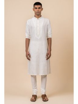 TASVA - White Embroidered Mandarin Neck Mirror Work Kurta with Churidar