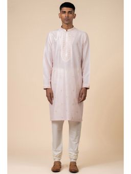 TASVA - Pink Embroidered Mandarin Neck Mirror Work Kurta with Churidar