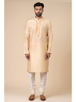 TASVA - Beige Solid/Plain Mandarin Neck Woven Kurta with Churidar