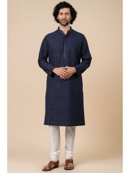 TASVA - Navy Blue Embroidered Mandarin Neck Thread Work Kurta with Churidar