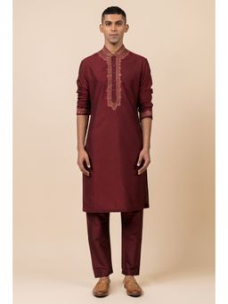 TASVA - Wine Embroidered Mandarin Neck Thread Work Kurta with Churidar