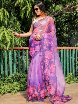 Odette - Purple Organza Floral Printed Saree with Unstitched Blouse