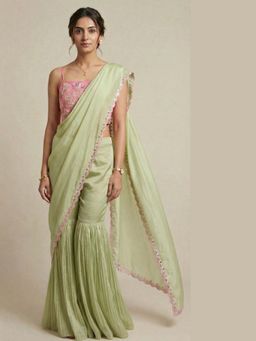 Ellemora - Green Pink Palazzo Saree with Top with Stitched