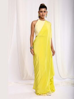 Ellemora - Lime Tie Dye Patch Saree with Stitched Blouse with Stitched