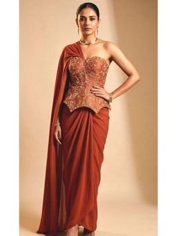 Ellemora - Rust Royale Corset Saree with Stitched Blouse with Stitched
