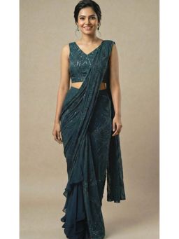 Ellemora - Teal Embroidered Saree with Stitched Blouse with Stitched
