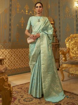 Akhilam - Womens Silk Blend Sea Green Woven Handloom Saree with Unstitched Blouse
