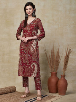FASHOR - Ethnic Floral Printed Kurta with Pant - Brown (Set of 2)