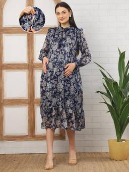 Moms Maternity - Women Floral Georgette Blue Colour Dress