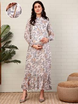 Moms Maternity - Women Off White Floral Georgette Dress with Full Sleeves