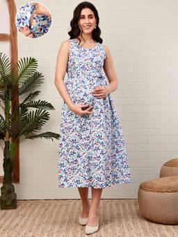 Moms Maternity - Women Blue Pure Cotton Floral Dress with Tie-Up Waist