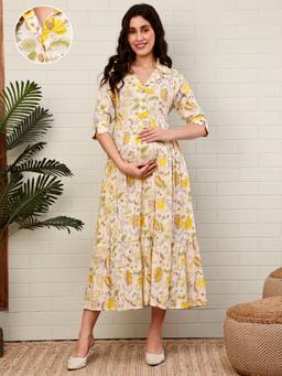 Moms Maternity - Women Yellow Floral Pure Cotton Maternity Dress
