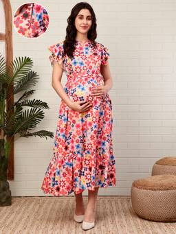 Moms Maternity - Women Peach Floral Crepe Dress with Flutter Sleeves