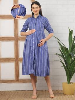 Moms Maternity - Women Striped Print Cotton Blue Colour Shirt Collar Dress