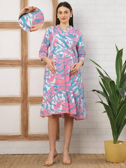 Moms Maternity - Women Abstract Print Crepe Pink Colour V Neck Dress