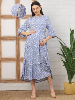 Moms Maternity - Women Floral Print Rayon Blue Colour Round Neck Dress