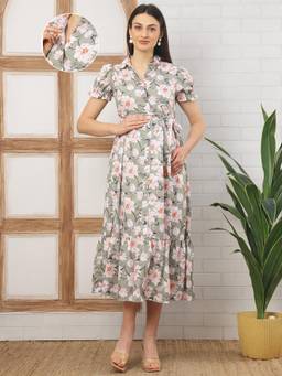 Moms Maternity - Women Floral Print Crepe Green Colour Shirt Collar Neck Dress