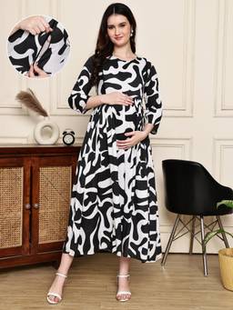Moms Maternity - Women Graphic Cotton Black Maternity Anarkali Kurta Dress