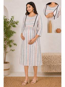 Moms Maternity - Women Ikkat Print Cotton Black Maternity Anarkali Kurta Dress