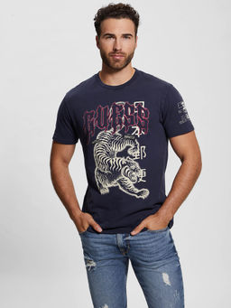 Guess - Navy Blue Cotton Regular Fit T-Shirt