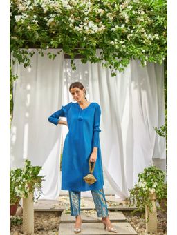 TASUVURE - Elegant Pleated & Brocade Tunic - Teal Blue (Set of 2)