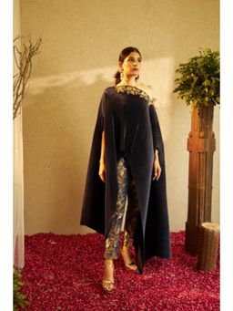 TASUVURE - Divine Embroidered Cape with Brocade Pants - Navy Blue (Set of 2)