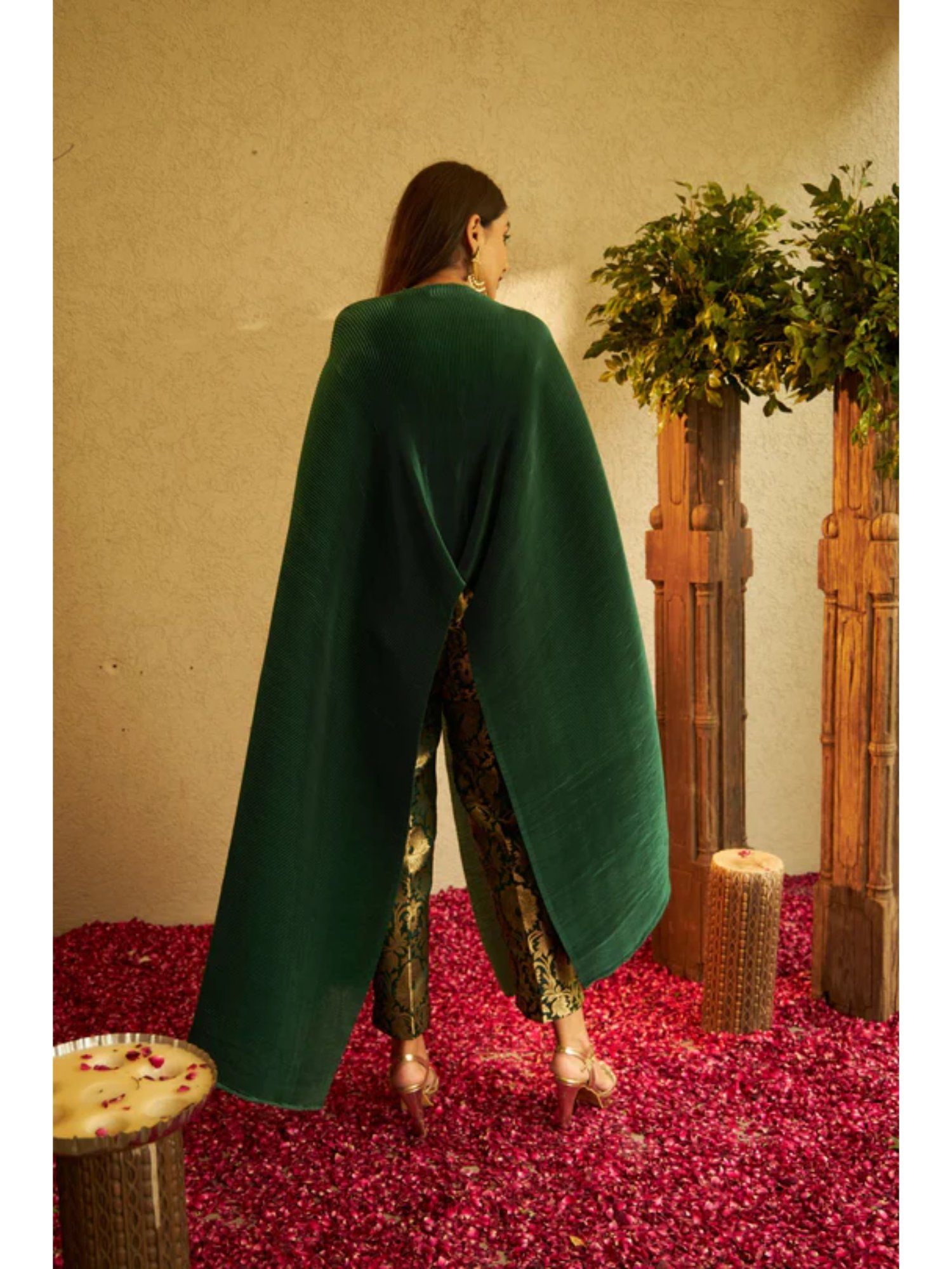 Buy TASUVURE Divine Embroidered Cape with Brocade Pants - Green