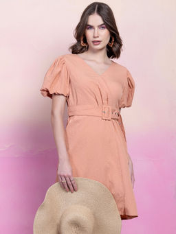 FabAlley - Orange Puff Sleeve Mini Wrap Dress with Buckle Belt (Set of 2)