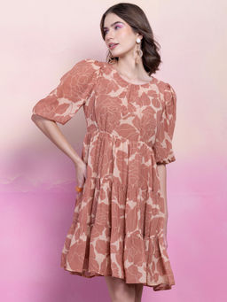 FabAlley - Orange Smocked Cuff Tiered Mini Dress