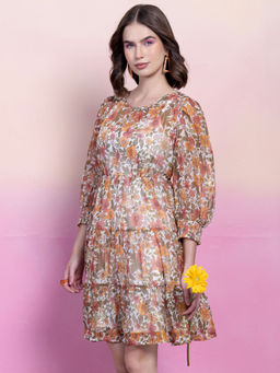 FabAlley - Multi-Color Floral Print Smocked Cuff Tiered Skater Dress
