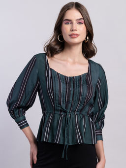 FabAlley - Green Striped Tie Up Waist Peplum Top