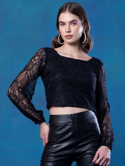 FabAlley - Black Back Tie Up Lace Top