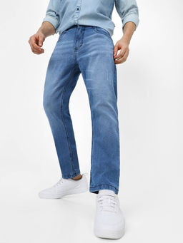 Urbano Fashion - Mens Light Blue Slim Fit Mild Distressed/Torn Jeans Stretchable