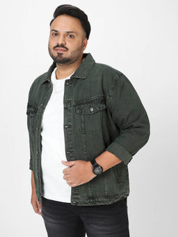 Urbano Plus - Men Olive Green Regular Fit Washed Full Sleeve Denim Jacket