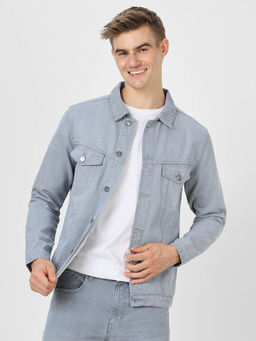 Urbano Fashion - Men's Light Grey Regular Fit Washed Full Sleeve Denim Jacket