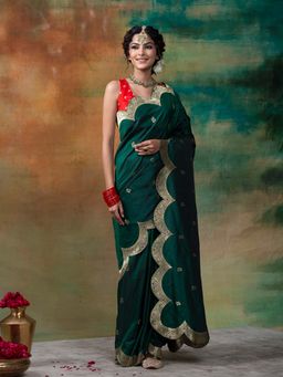 WeaverStory - Green Handloom Silk Banarasi Saree With Unstitched Blouse