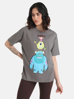 Kazo - Grey Monsters Inc Disney Printed Long T-Shirt with Sequin Work