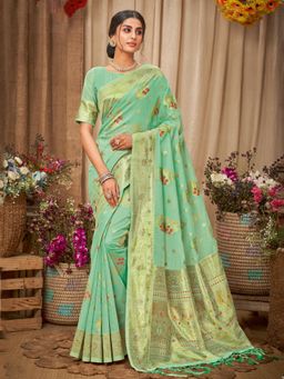 Sangam Prints - Sea Green Cotton Woven Zari Work Traditional Tassel Saree with Unstitched Blouse