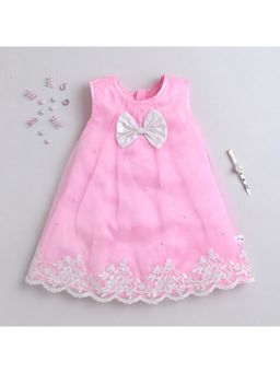 Many Frocks - Pink Embroidered Net Regular Dress