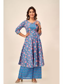 SVARCHI - Womens Cotton Floral Printed Anarkali Kurta Blue