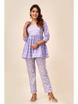 SVARCHI - Womens Cotton Floral Printed Fit And Flared Kurta & Pant Purple (Set of 2)