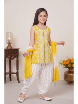 Lagorii - Yellow Chiffon Floral Kurti With Salwar & Dupatta