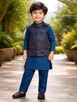 Mi Arcus - Blue Blended Fabric Floral Kurta With Pyjama & Nehru Jacket
